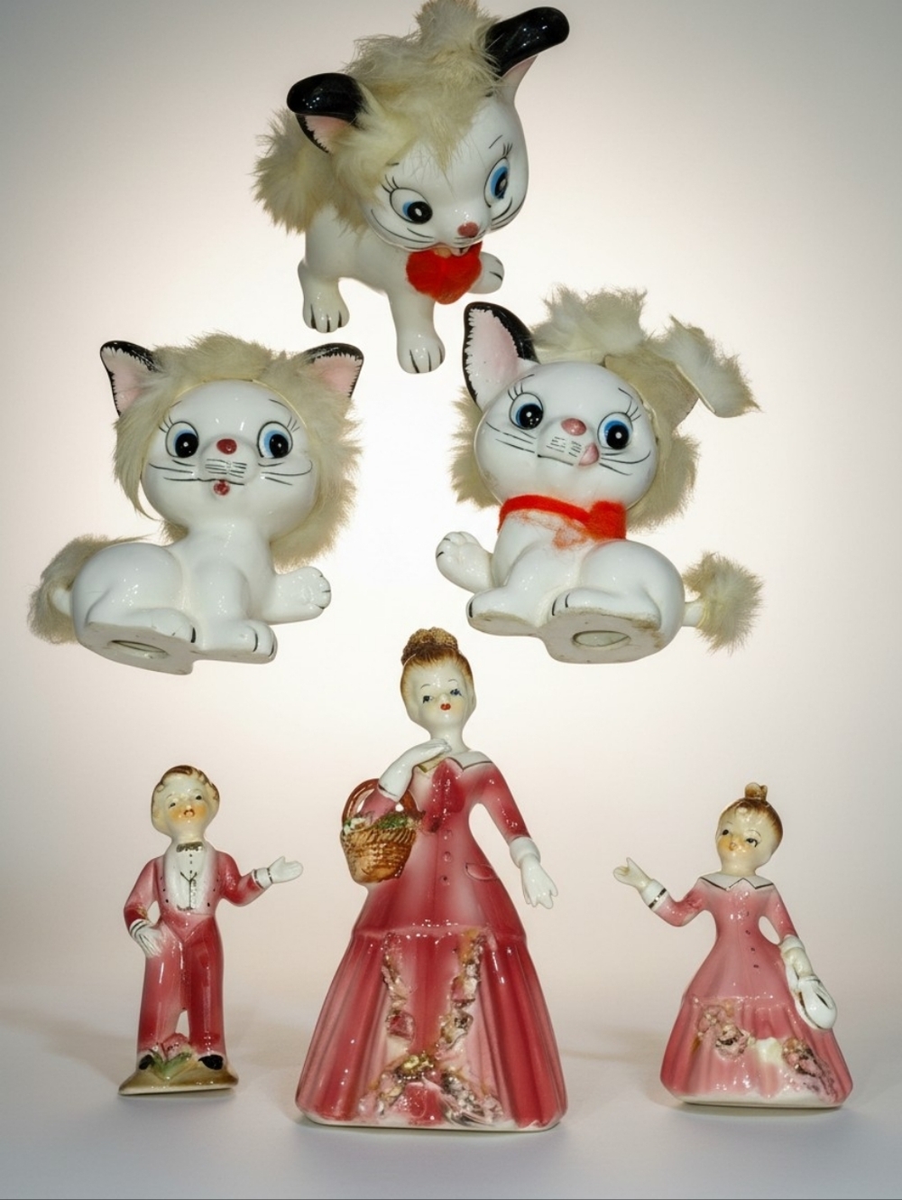 VTG Bundle 6 Figurines: 1950s Napco Fur Cats & Japanese Porcelain Lady/Children